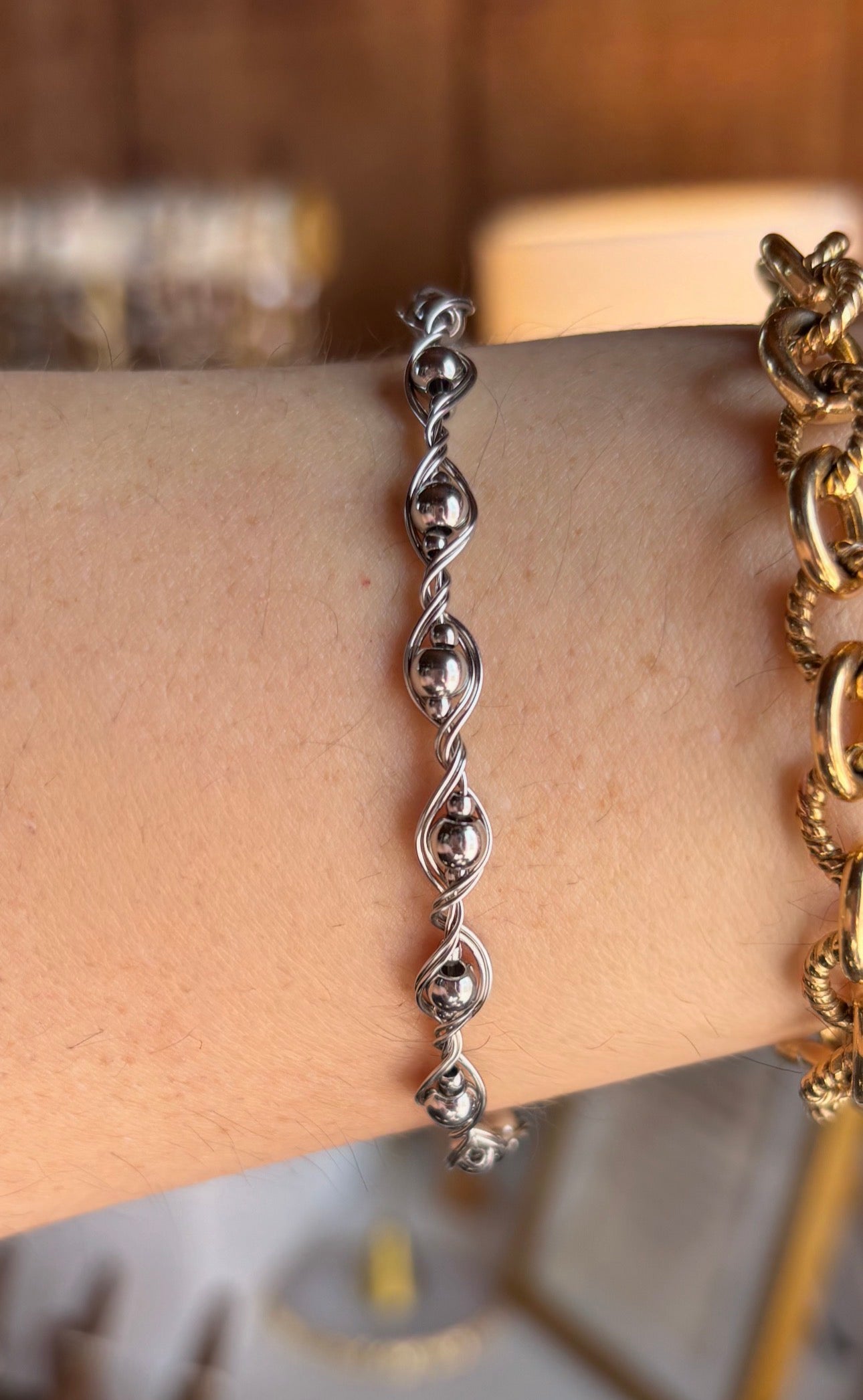 Stainless Steel Twisted Bead Bangle Bracelet