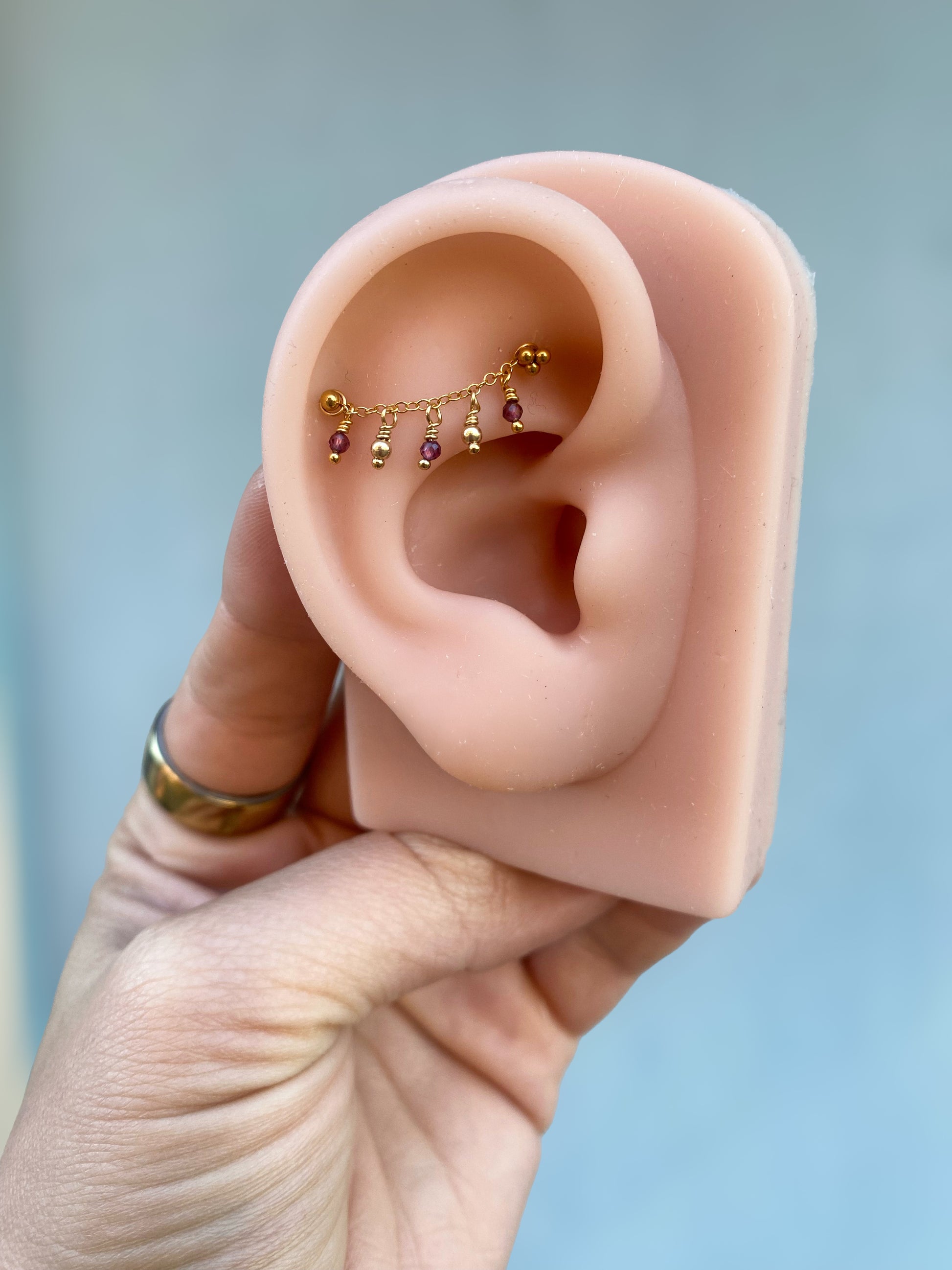 14kt Gold Filled Ear Chain with dangling gold filled beads and Natural Amethyst