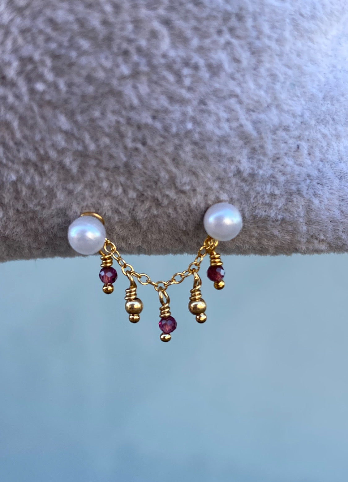 14kt Gold Filled Ear Chain with dangling gold filled beads and Natural Amethyst