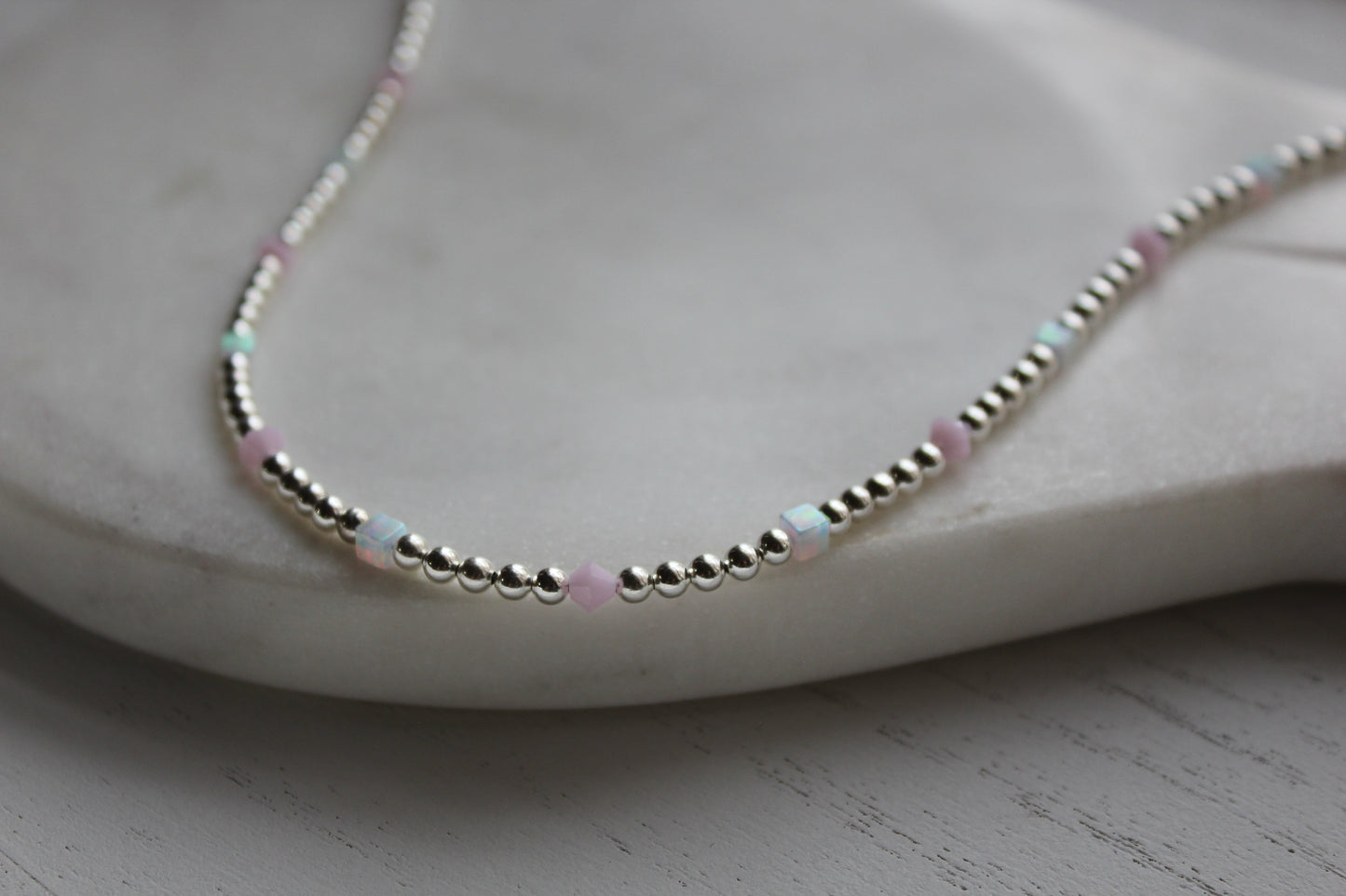 Sterling Silver Opal Necklace, Sterling Silver beaded necklace, Sterling Silver Opal and Pink necklace, Sterling Silver necklace