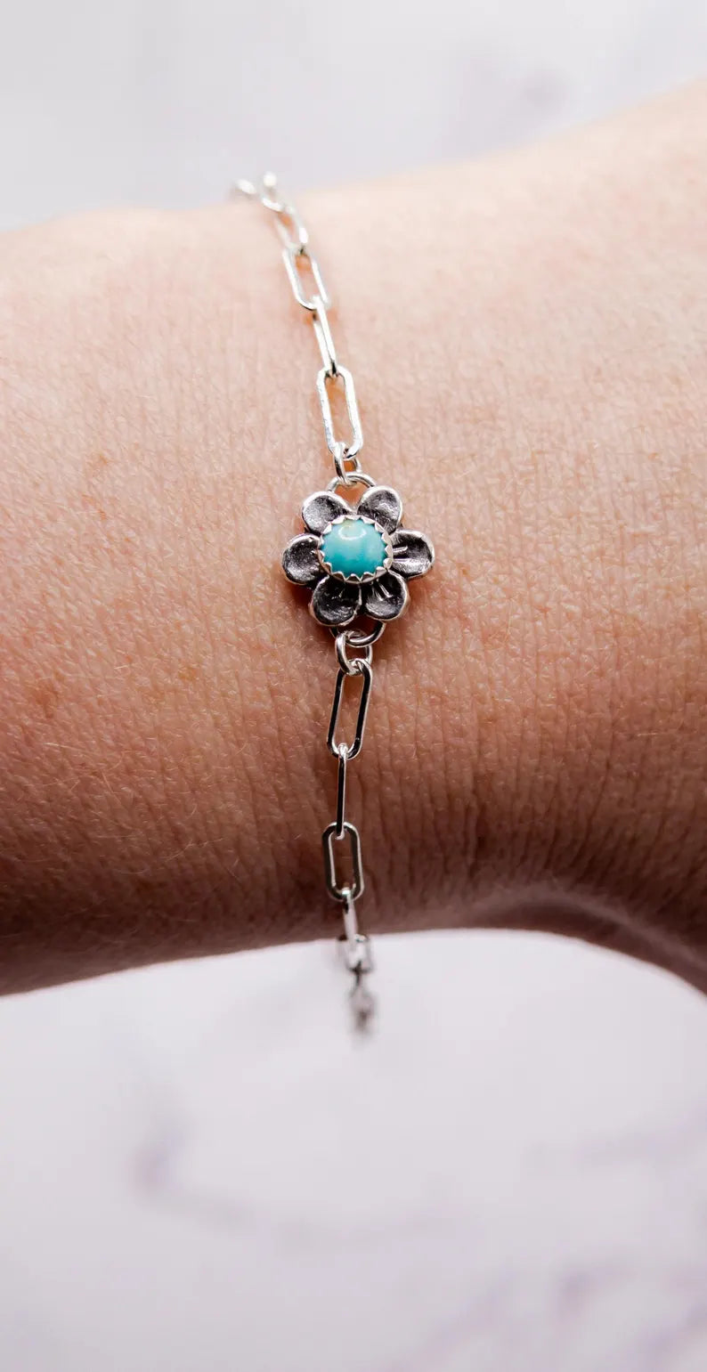 Genuine Turquoise Flower Bracelet, Sterling Silver flower bracelet, Genuine Turquoise, Westen Jewelry, Sterling Silver