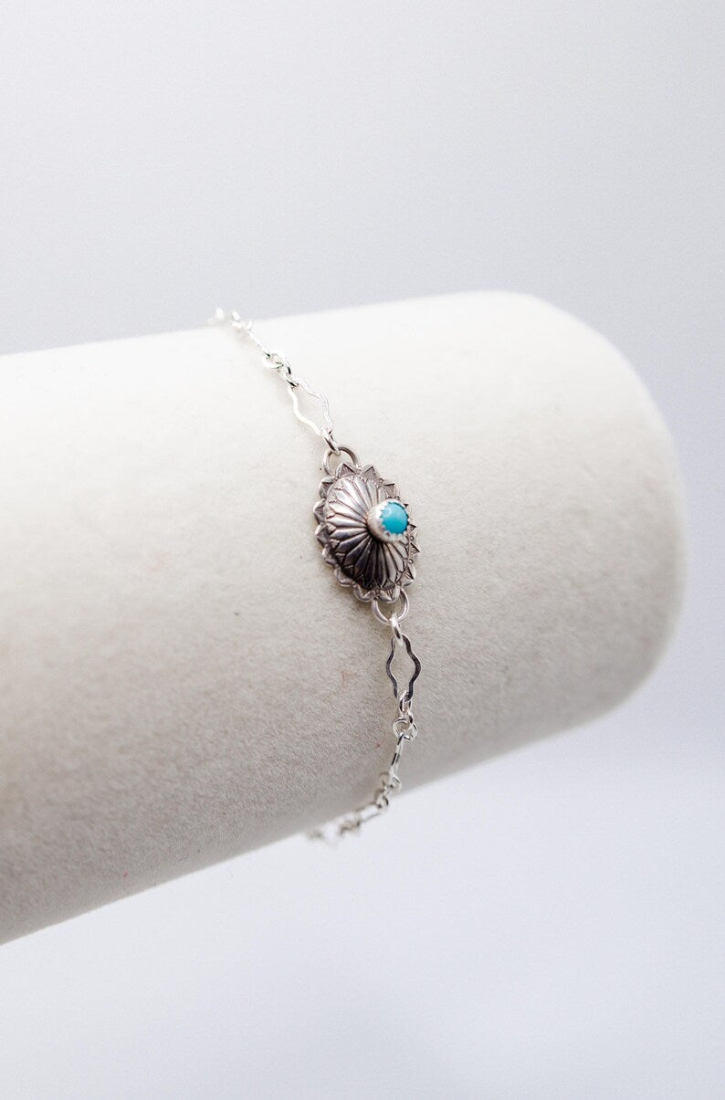 Sterling Silver Oval Concho Connector w/ 3mm Kingman Turquoise, on a sterling silver chain.