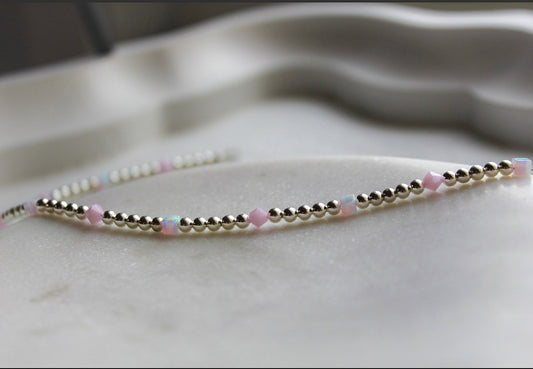 Sterling Silver Opal Necklace, Sterling Silver beaded necklace, Sterling Silver Opal and Pink necklace, Sterling Silver necklace