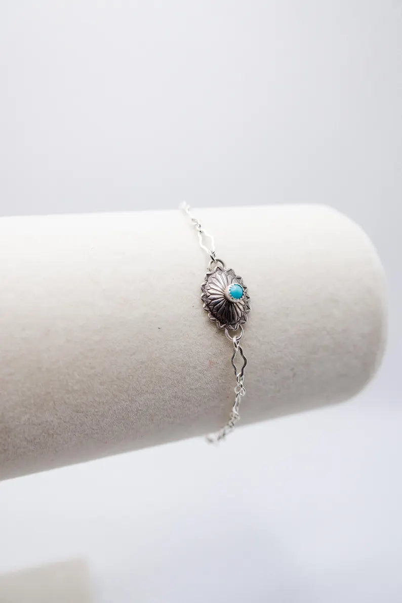 Sterling Silver Oval Concho Connector w/ 3mm Kingman Turquoise, on a sterling silver chain.