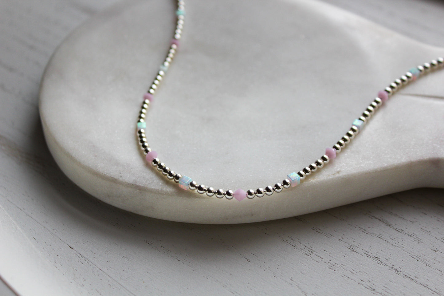 Sterling Silver Opal Necklace, Sterling Silver beaded necklace, Sterling Silver Opal and Pink necklace, Sterling Silver necklace