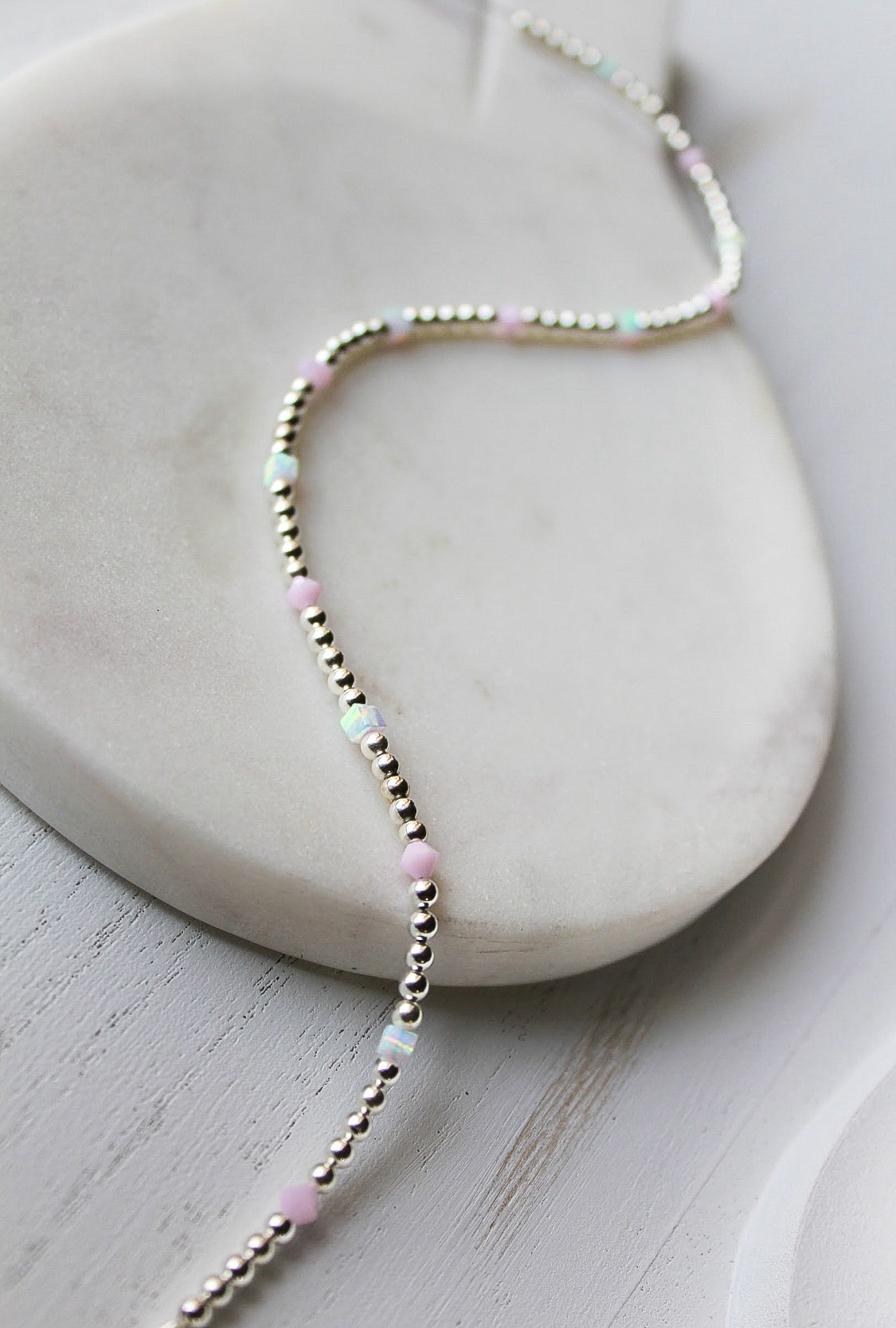 Sterling Silver Opal Necklace, Sterling Silver beaded necklace, Sterling Silver Opal and Pink necklace, Sterling Silver necklace