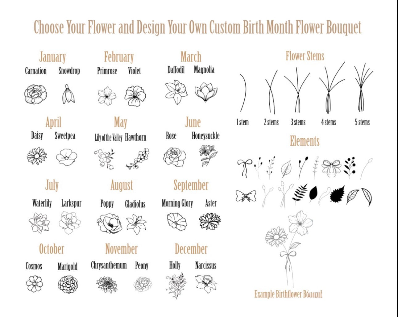 Custom Birth Month Bouquet Necklace – Stainless Steel (Silver, Gold)