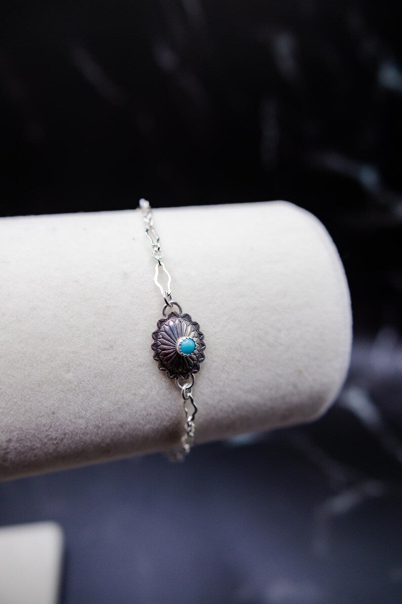 Sterling Silver Oval Concho Connector w/ 3mm Kingman Turquoise, on a sterling silver chain.