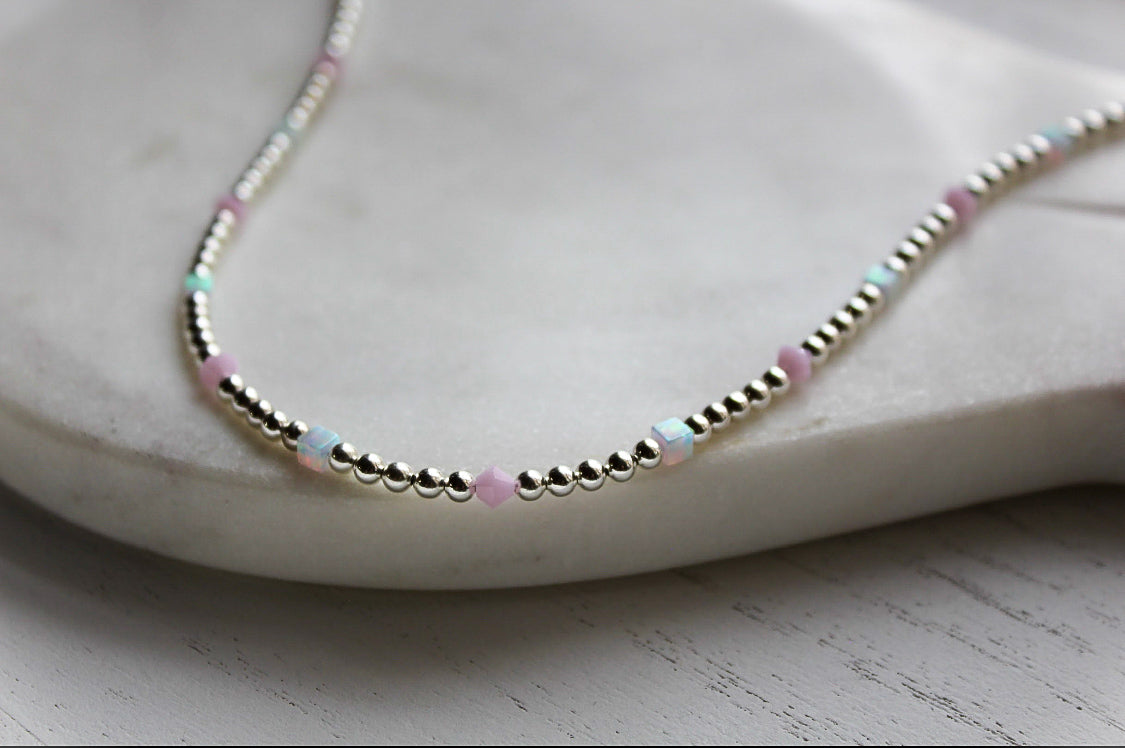 Sterling Silver Opal Necklace, Sterling Silver beaded necklace, Sterling Silver Opal and Pink necklace, Sterling Silver necklace