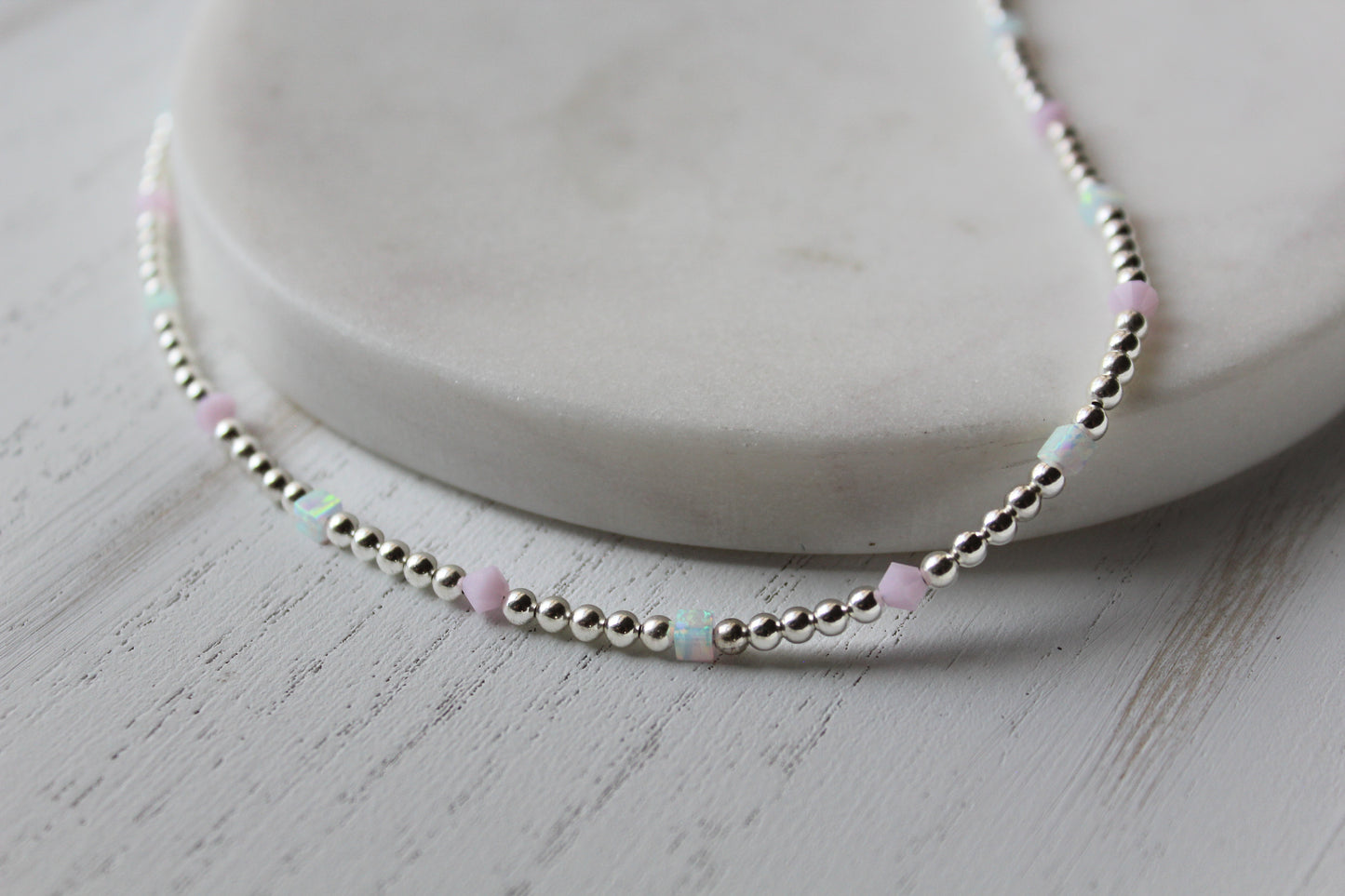 Sterling Silver Opal Necklace, Sterling Silver beaded necklace, Sterling Silver Opal and Pink necklace, Sterling Silver necklace