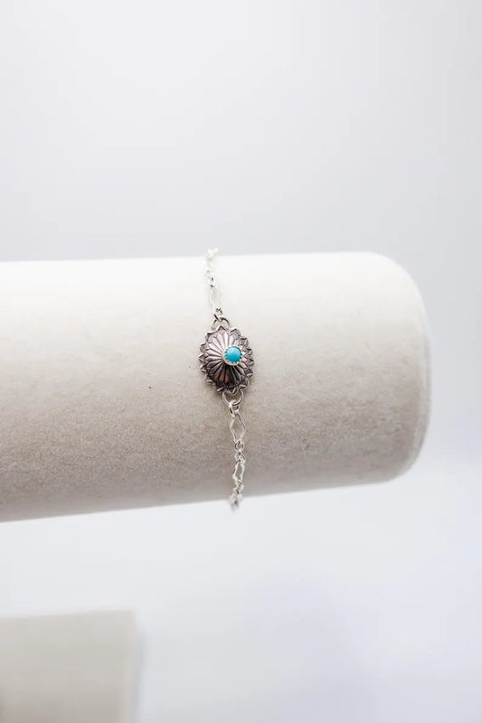 Sterling Silver Oval Concho Connector w/ 3mm Kingman Turquoise, on a sterling silver chain.