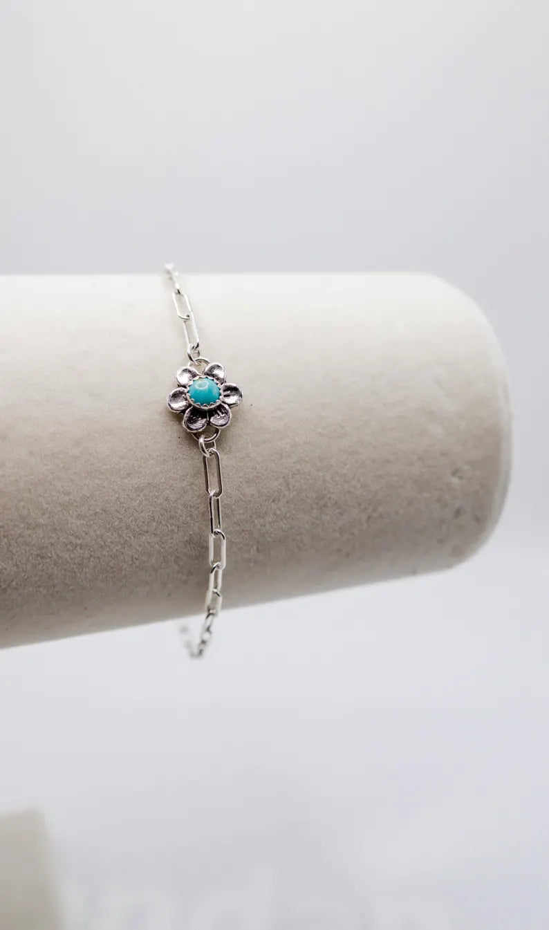 Genuine Turquoise Flower Bracelet, Sterling Silver flower bracelet, Genuine Turquoise, Westen Jewelry, Sterling Silver